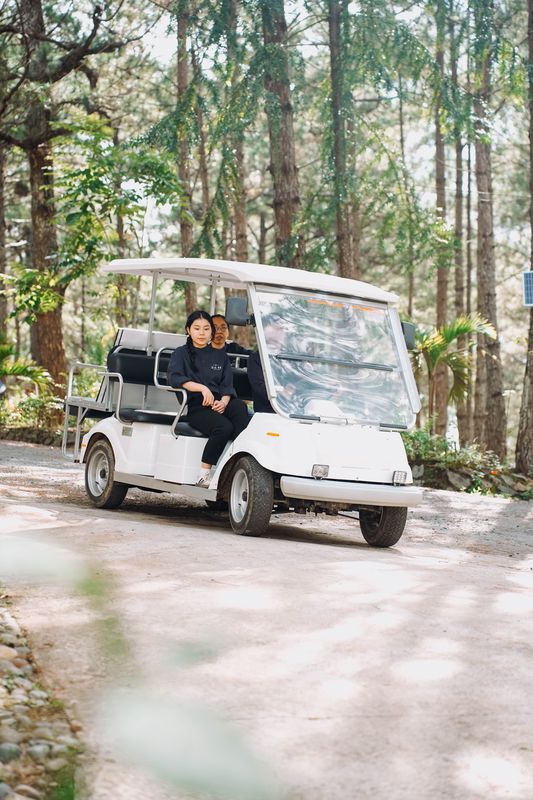Xe buggy chở khách trên lối đi giữa rừng thông GIA AN